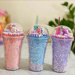 Kids Unicorn Lid Glass With Coloured Straw | Drinking Bottle