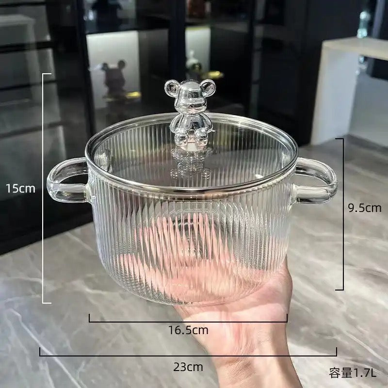 Bear Lid Borosilicate Transparent Nonstick Glass Cooking Pot | Cookware