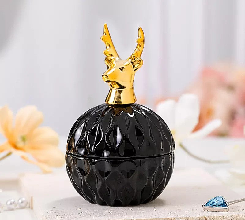 Round Gold Animal Lid Black Ceramic Candy Jar | Storage Jar | Center Piece