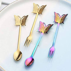 4-Pcs Butterfly Head Cutlery Set Rainbow n Gold Colour | Mini Fork & Spoon