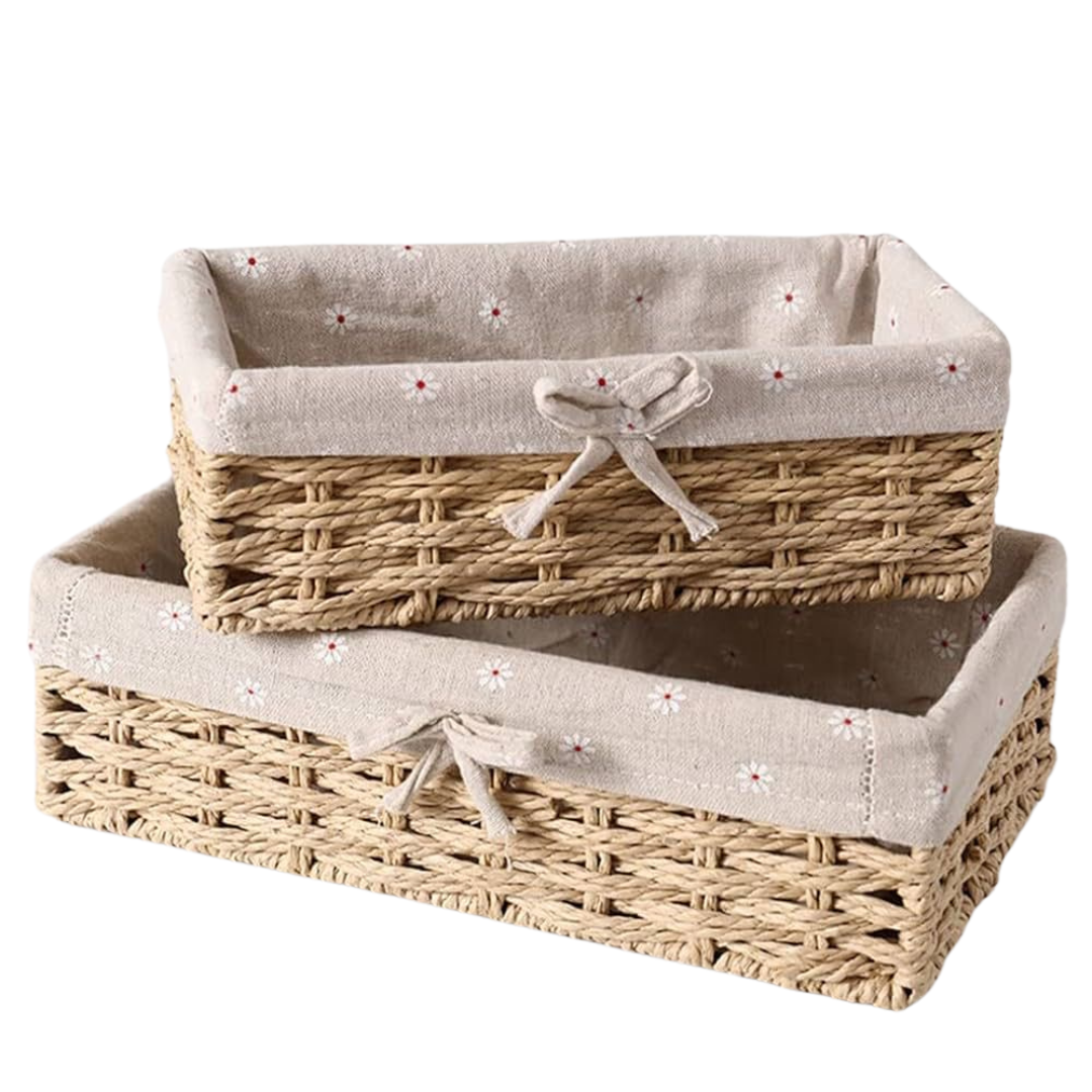 Rectangular Cloth Covered Braided Basket | Vanity Basket | Set of 2