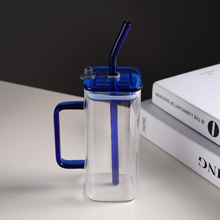 Transparent Square Tumbler Drinking Glass with Glass Straw and Colourful Handle