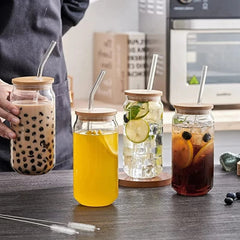 Transparent Round Drinking Glass Tumbler with Bamboo Lid And Glass Straw