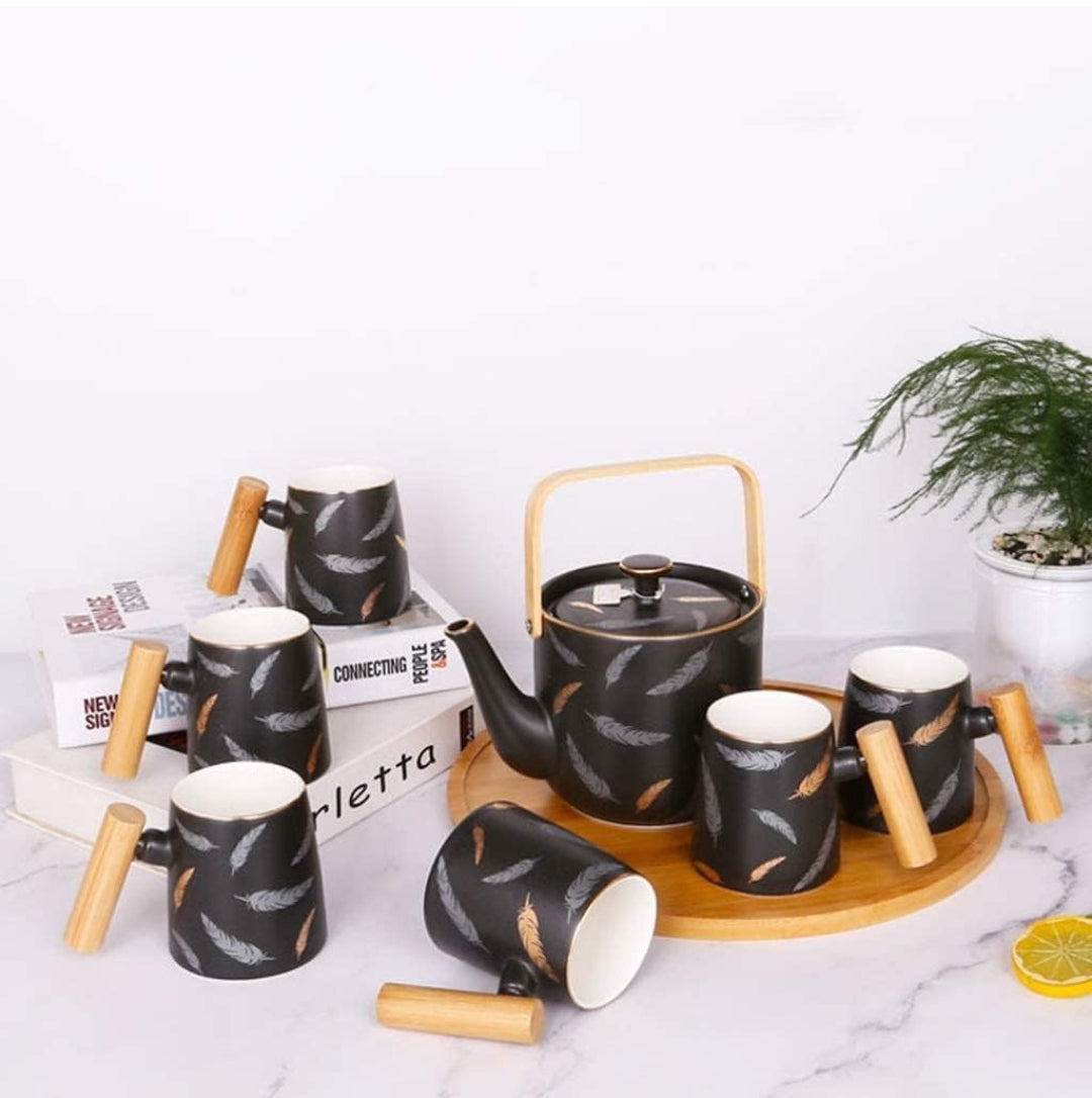 Nordic Style Feather Design Luxury Porcelain Tea Set With Tray - 9 Pcs