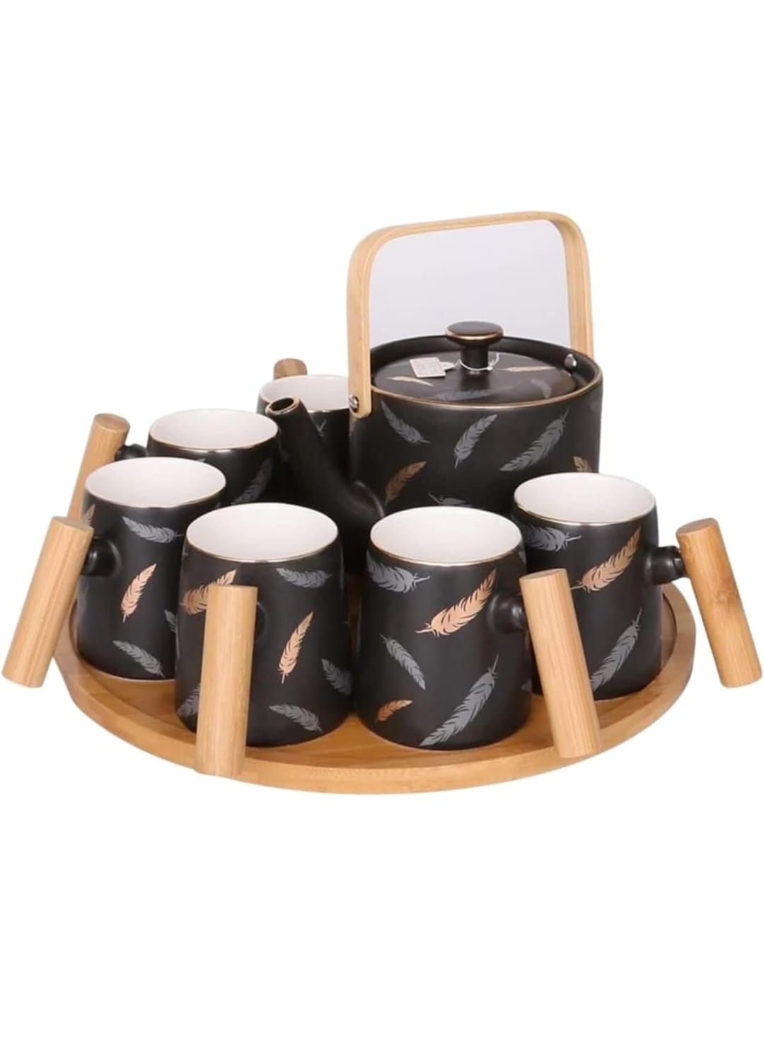 Nordic Style Feather Design Luxury Porcelain Tea Set With Tray - 9 Pcs