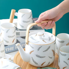 Nordic Style Feather Design Luxury Porcelain Tea Set With Tray - 9 Pcs