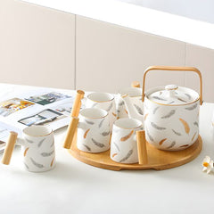 Nordic Style Feather Design Luxury Porcelain Tea Set With Tray - 9 Pcs