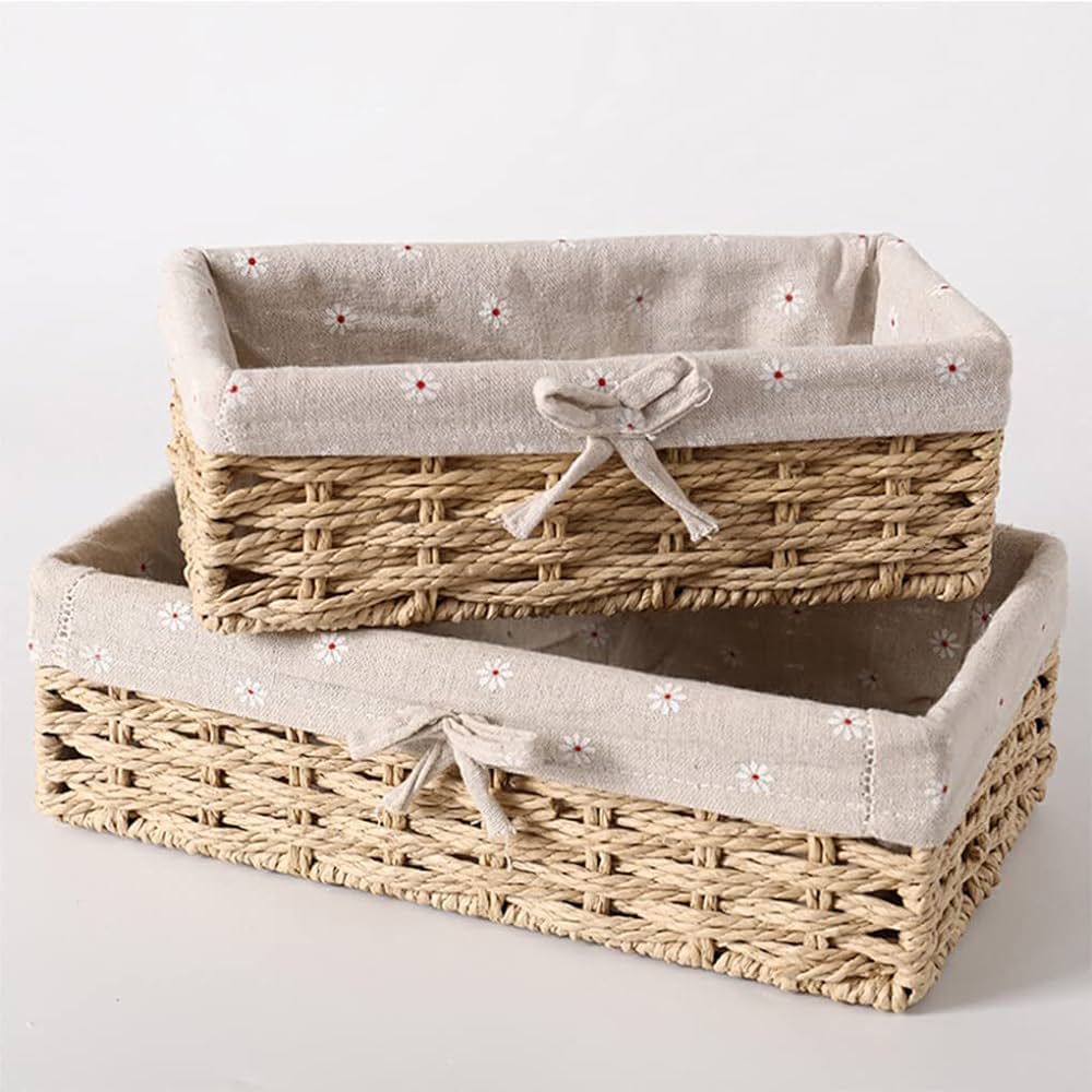 Rectangular Cloth Covered Braided Basket | Vanity Basket | Set of 2