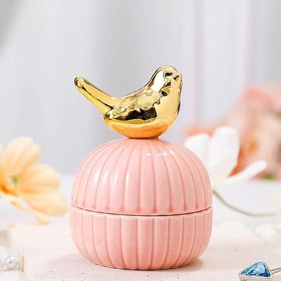 Round Gold Animal Lid Pink Ceramic Candy Jar | Storage Jar | Center Piece