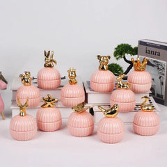 Round Gold Animal Lid Pink Ceramic Candy Jar | Storage Jar | Center Piece