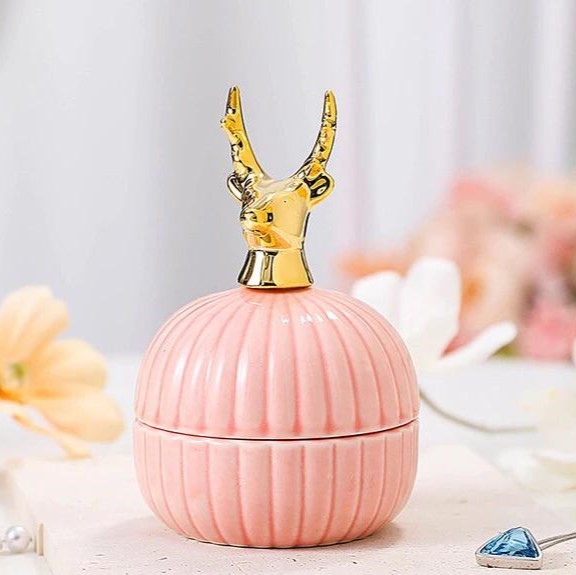 Round Gold Animal Lid Pink Ceramic Candy Jar | Storage Jar | Center Piece