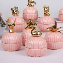 Round Gold Animal Lid Pink Ceramic Candy Jar | Storage Jar | Center Piece