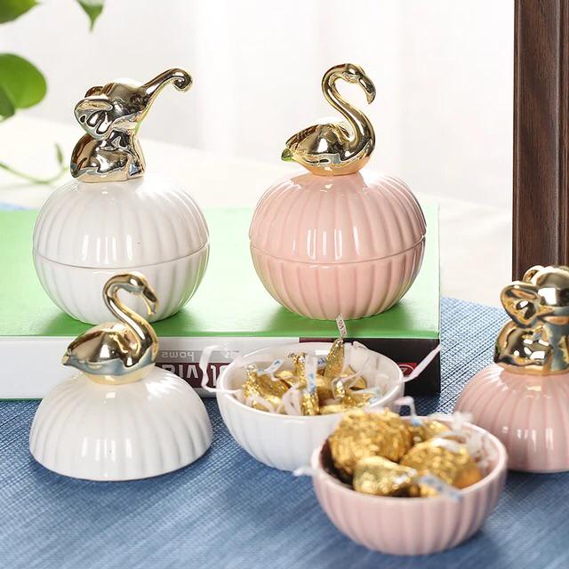 Round Gold Animal Lid White Ceramic Candy Jar | Storage Jar | Center Piece