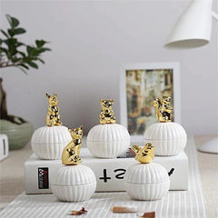 Round Gold Animal Lid White Ceramic Candy Jar | Storage Jar | Center Piece