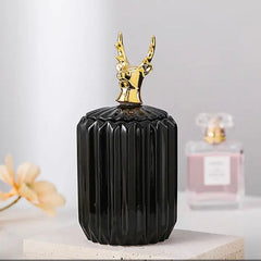 Gold Animal Lid Black Ceramic Candy Jar | Storage Jar | Center Piece