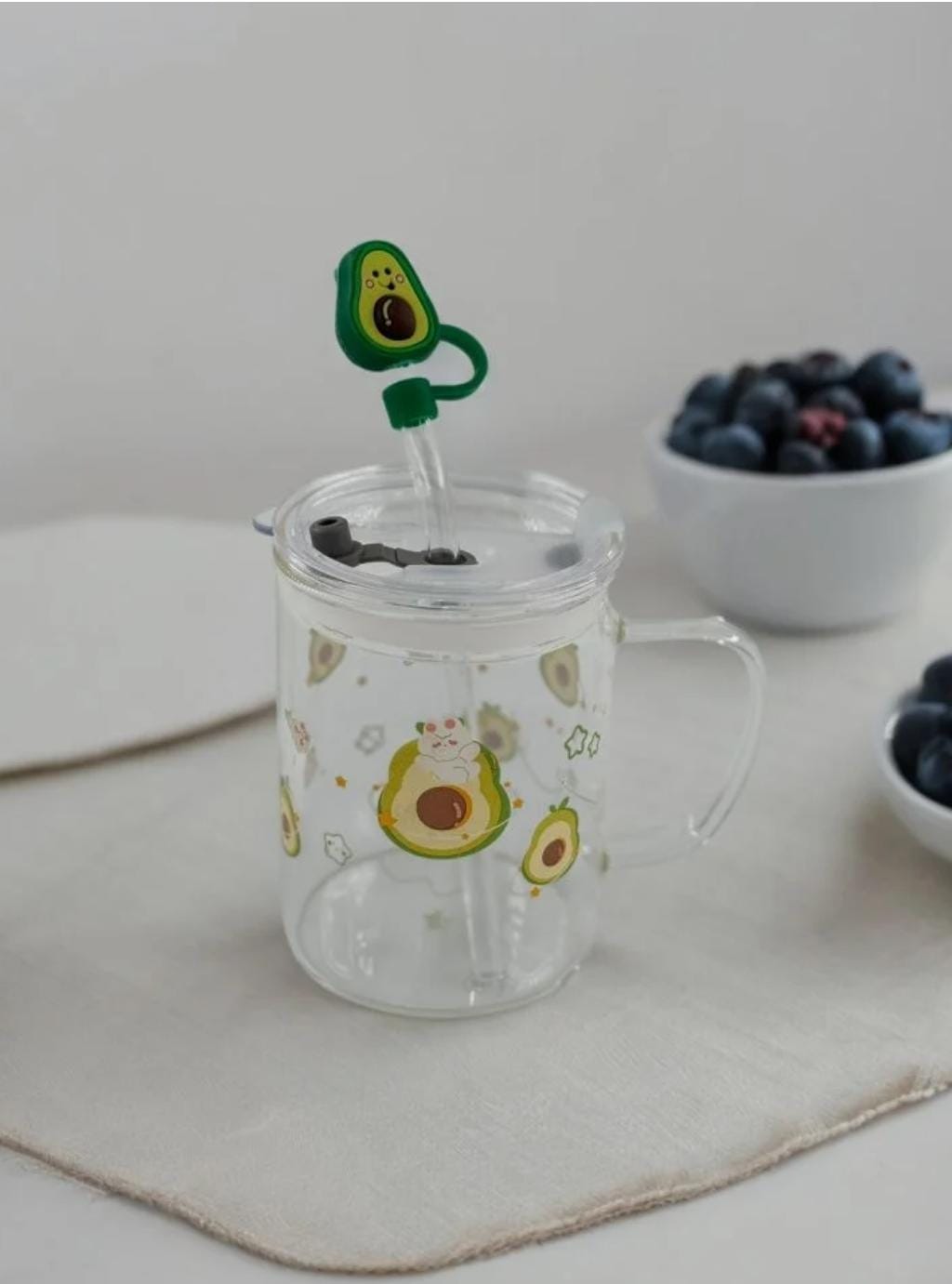 Fruit Glass Cup with Silicone Lid and Glass Straw Glass Water Cup