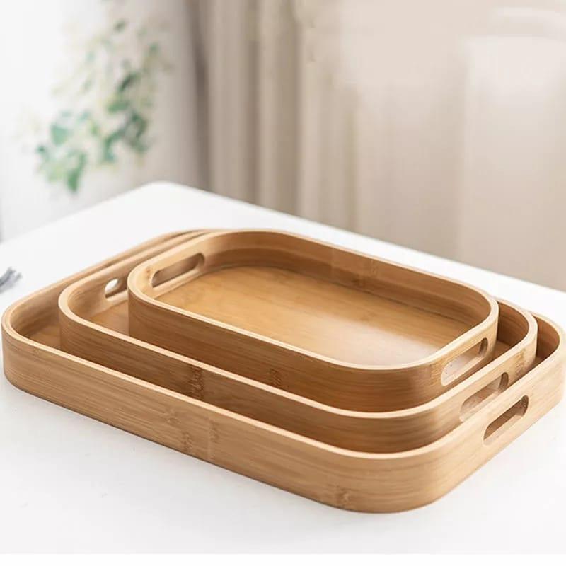 Bamboo Rectangular Serving Tray With Handle - Set of 3 - HomeHatchpk