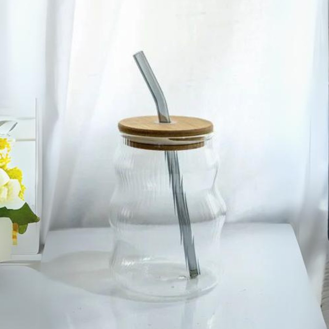 Curved Transparent Drinking Glass Tumbler with Bamboo Lid And Glass Straw - Home Story