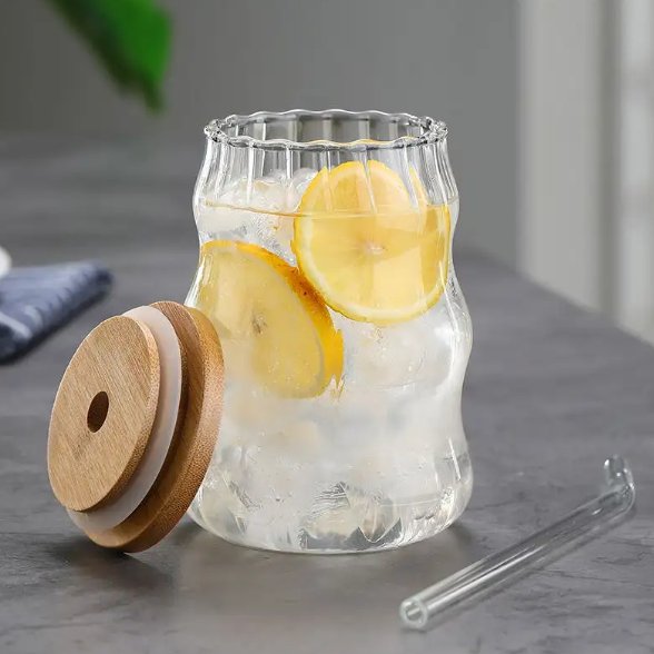 Curved Transparent Drinking Glass Tumbler with Bamboo Lid And Glass Straw - Home Story