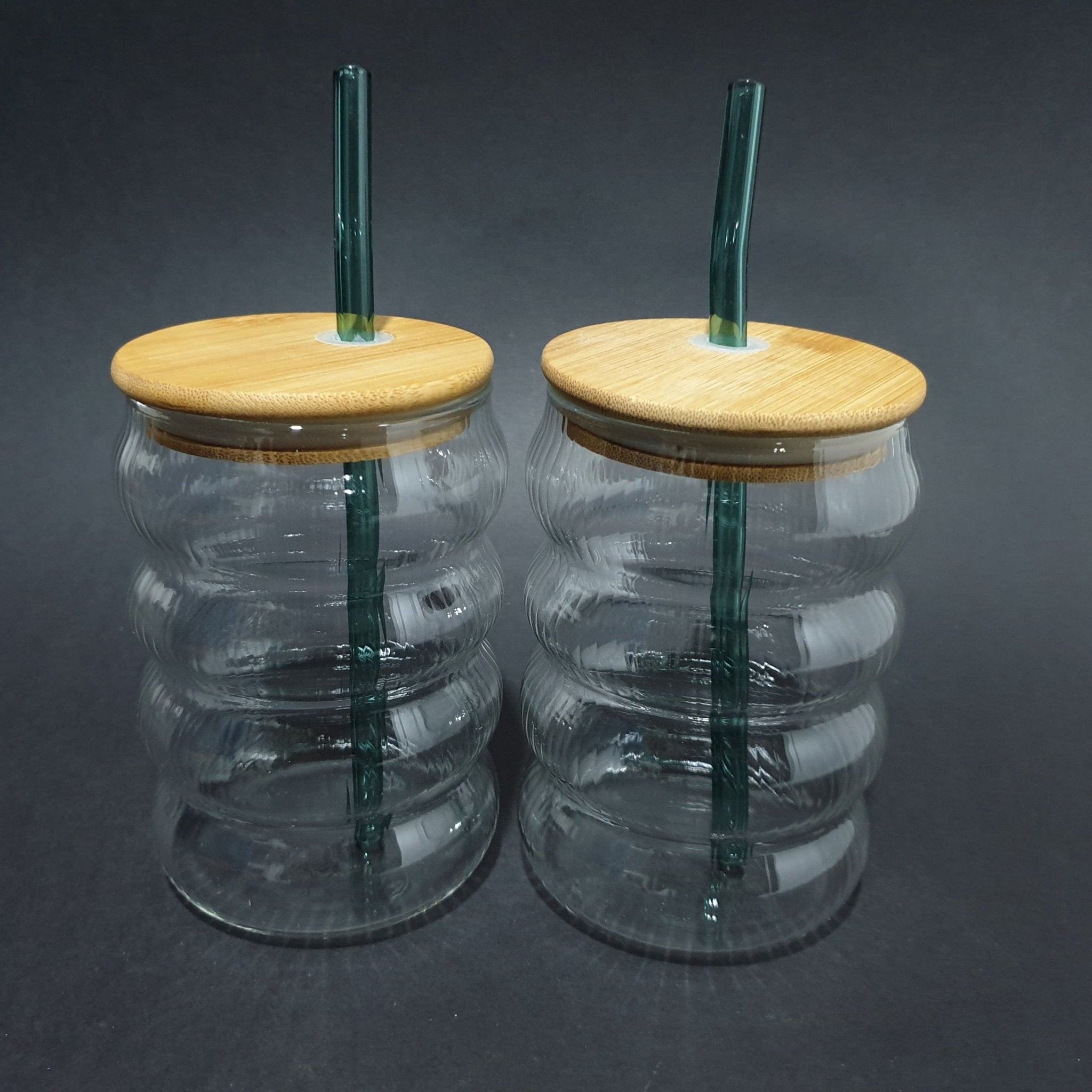 Curved Transparent Drinking Glass Tumbler with Bamboo Lid And Glass Straw - Home Story