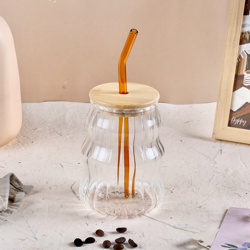 Curved Transparent Drinking Glass Tumbler with Bamboo Lid And Glass Straw - Home Story