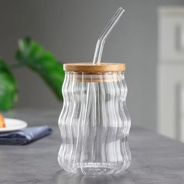 Curved Transparent Drinking Glass Tumbler with Bamboo Lid And Glass Straw - Home Story