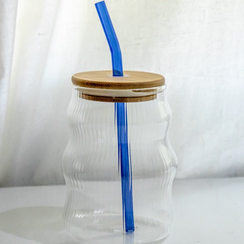 Curved Transparent Drinking Glass Tumbler with Bamboo Lid And Glass Straw - Home Story