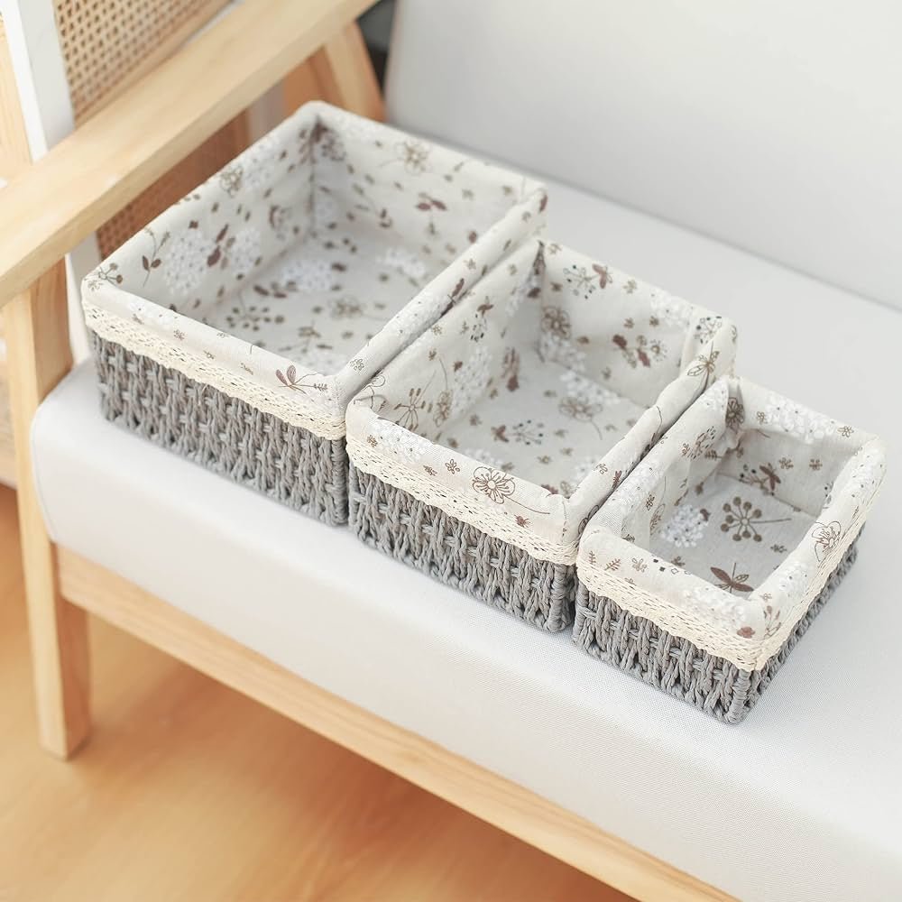 Rectangular Cloth Covered Braided Basket | Vanity Basket | Set of 3 - Home Story