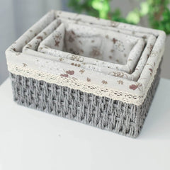 Rectangular Cloth Covered Braided Basket | Vanity Basket | Set of 3 - Home Story