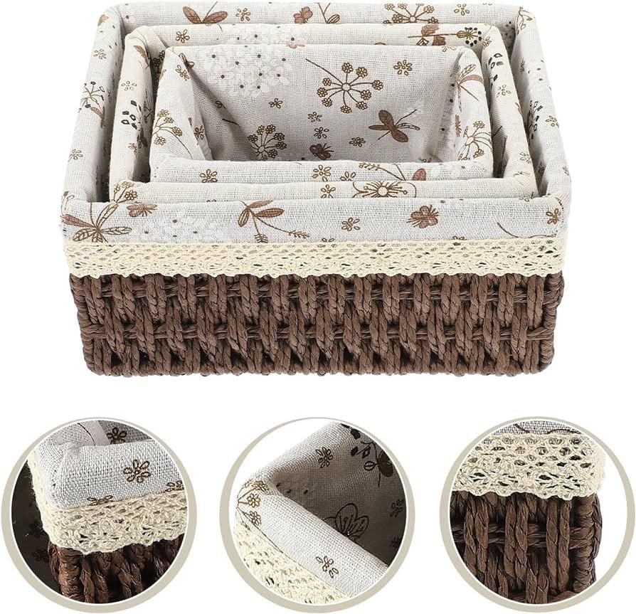 Rectangular Cloth Covered Braided Basket | Vanity Basket | Set of 3 - Home Story