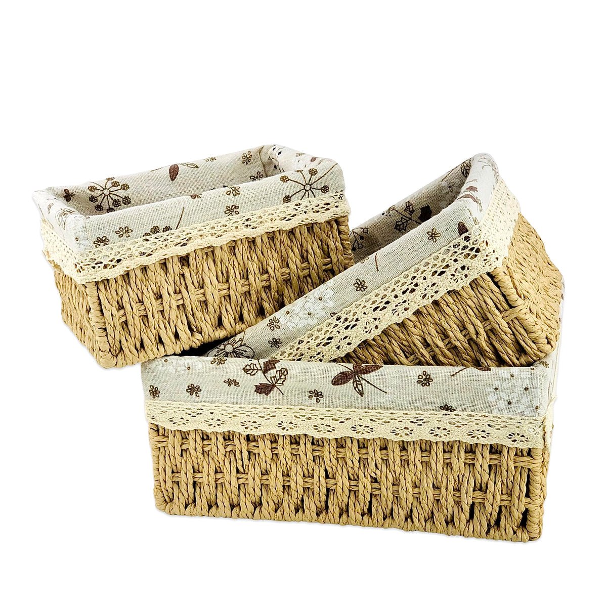 Rectangular Cloth Covered Braided Basket | Vanity Basket | Set of 3 - Home Story