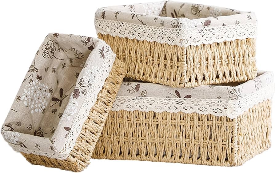 Rectangular Cloth Covered Braided Basket | Vanity Basket | Set of 3 - Home Story