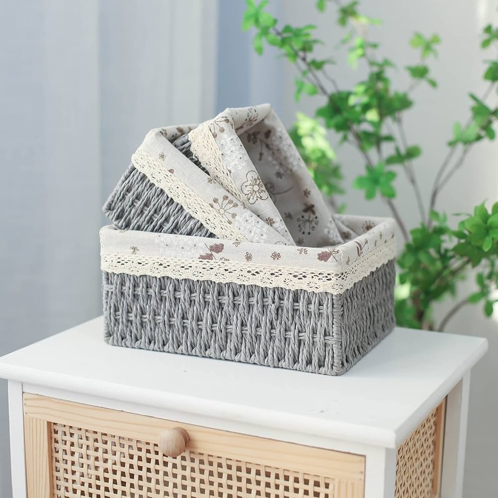 Rectangular Cloth Covered Braided Basket | Vanity Basket | Set of 3 - Home Story