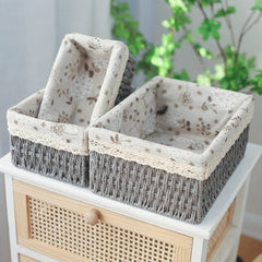 Rectangular Cloth Covered Braided Basket | Vanity Basket | Set of 3 - Home Story