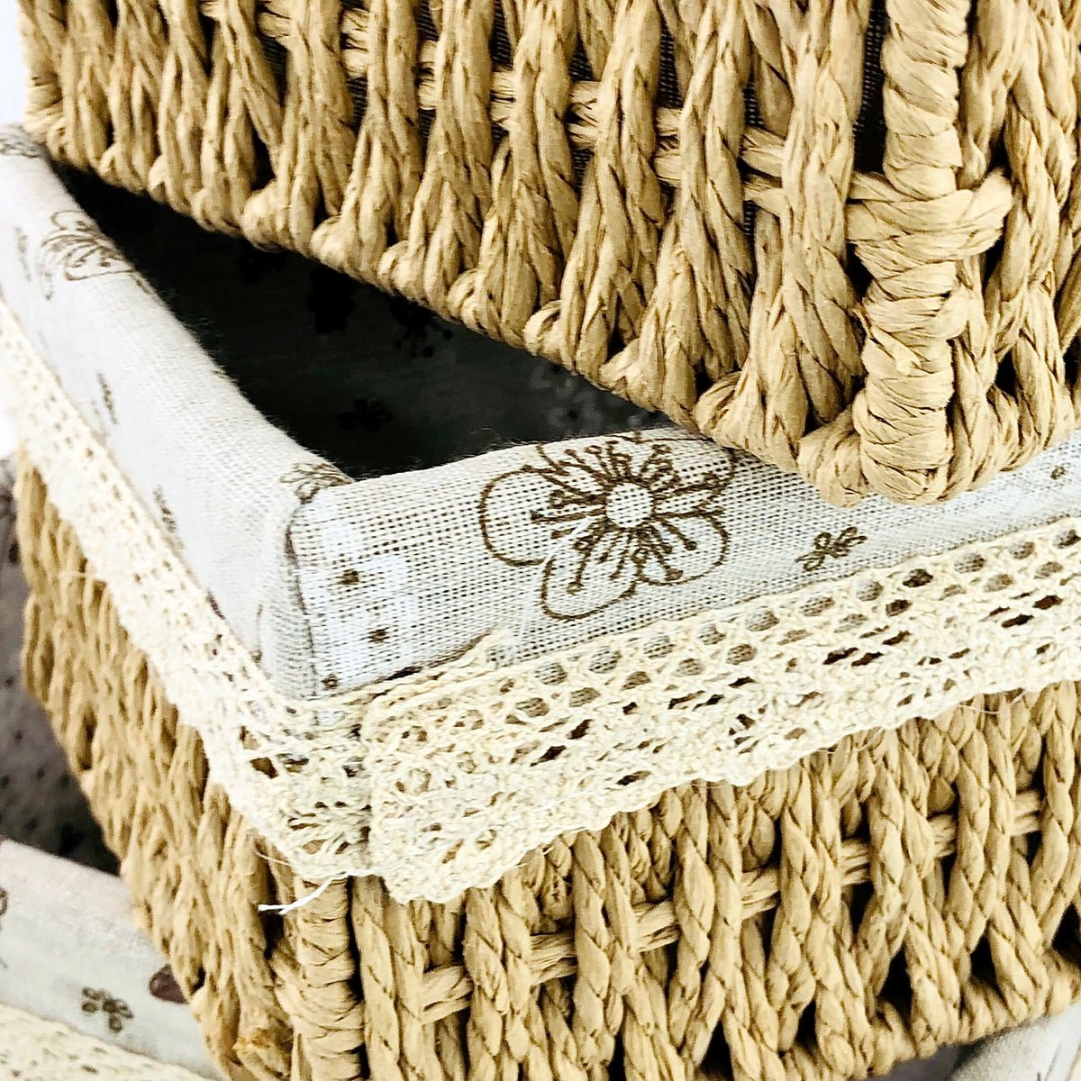 Rectangular Cloth Covered Braided Basket | Vanity Basket | Set of 3 - Home Story