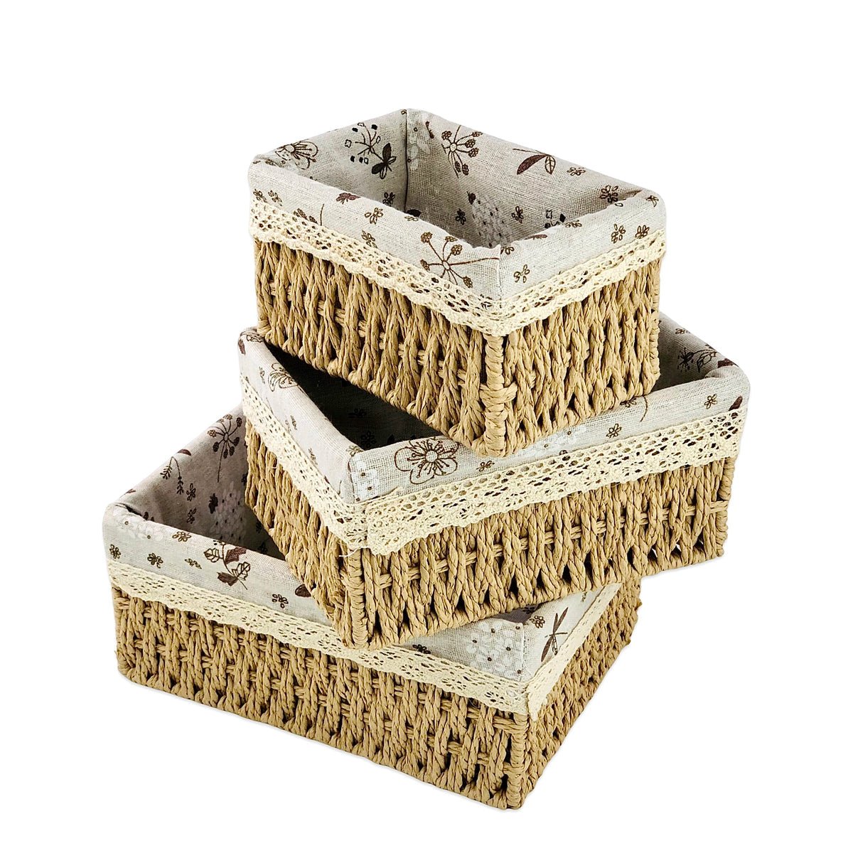 Rectangular Cloth Covered Braided Basket | Vanity Basket | Set of 3 - Home Story