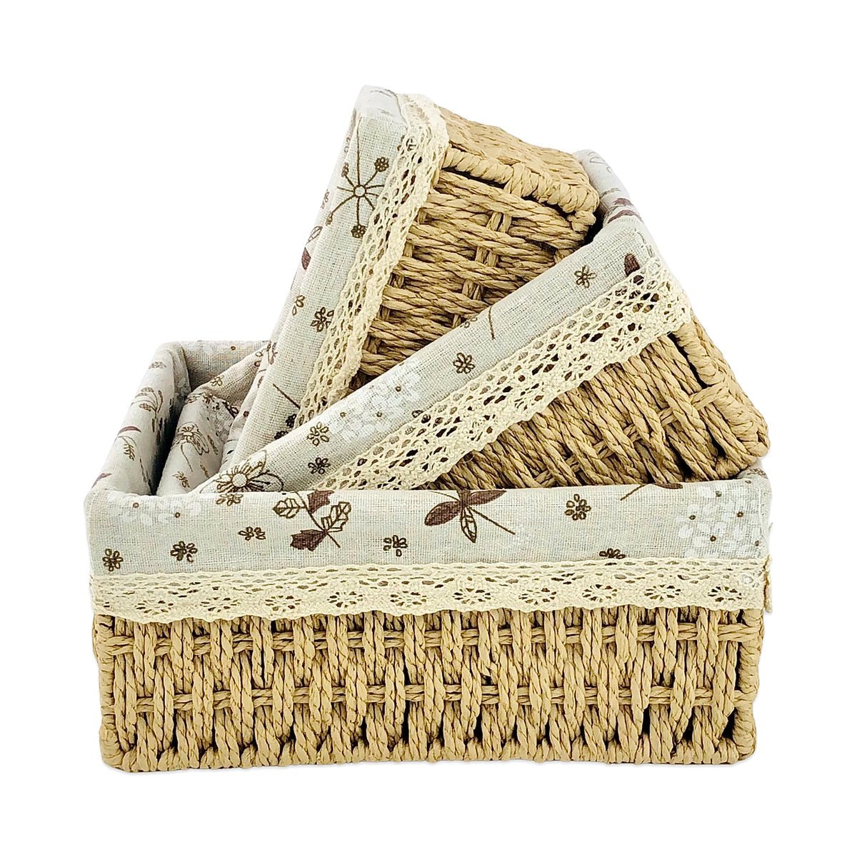 Rectangular Cloth Covered Braided Basket | Vanity Basket | Set of 3 - Home Story