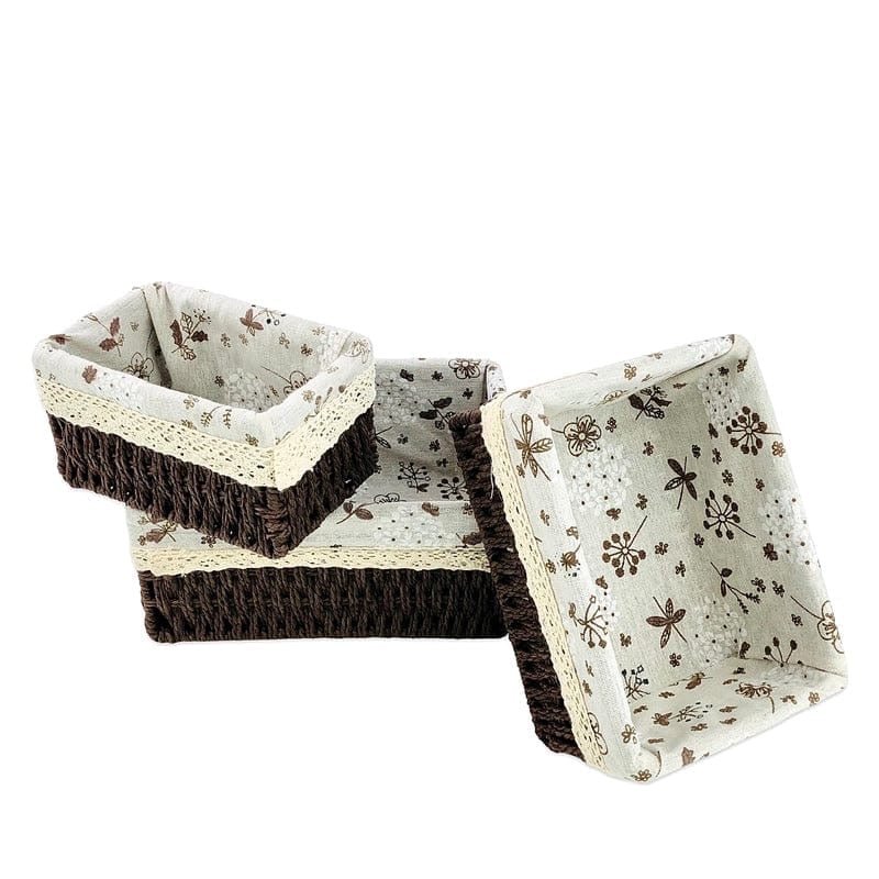 Rectangular Cloth Covered Braided Basket | Vanity Basket | Set of 3 - Home Story