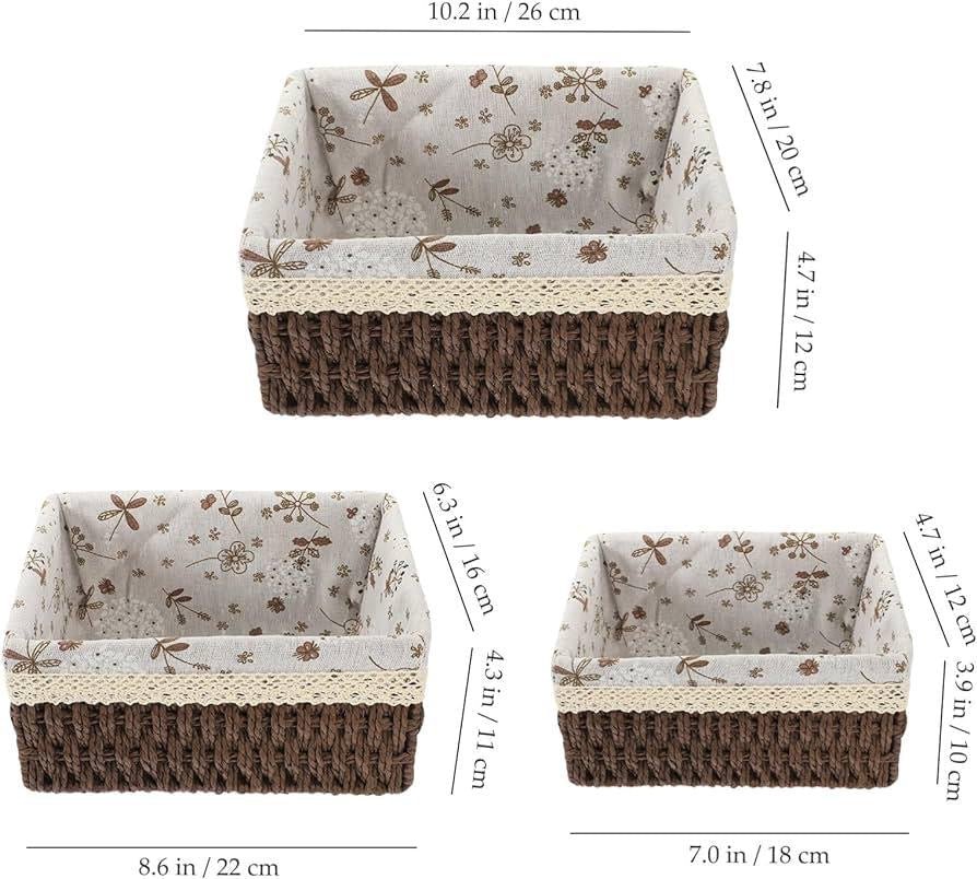 Rectangular Cloth Covered Braided Basket | Vanity Basket | Set of 3 - Home Story