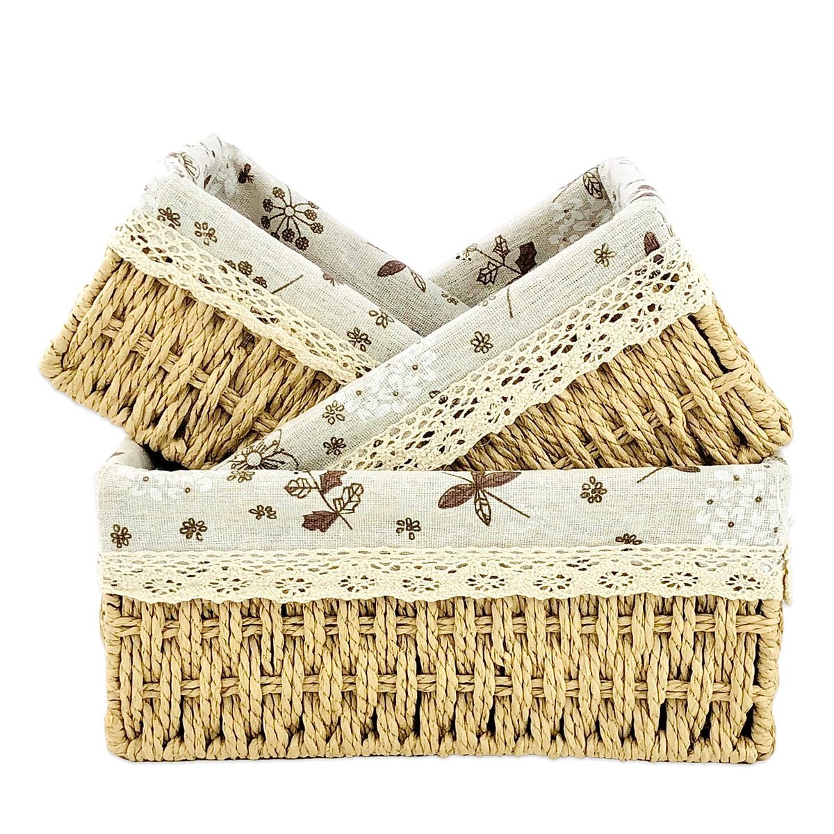 Rectangular Cloth Covered Braided Basket | Vanity Basket | Set of 3 - Home Story