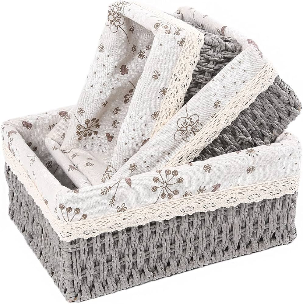 Rectangular Cloth Covered Braided Basket | Vanity Basket | Set of 3 - Home Story