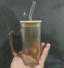 Lined Transparent Square Bamboo Lid Tumbler Drinking Glass with Glass Straw and  Handle