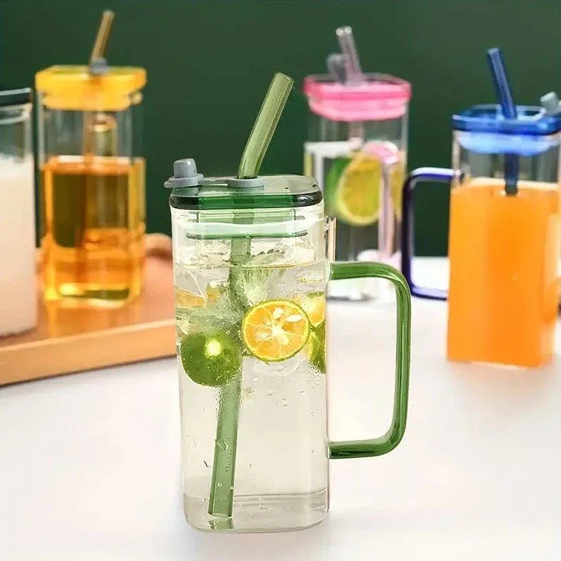 Transparent Square Tumbler Drinking Glass with Glass Straw and Colourful Handle - Home Story