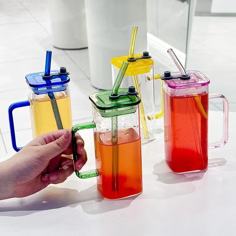 Transparent Square Tumbler Drinking Glass with Glass Straw and Colourful Handle - Home Story