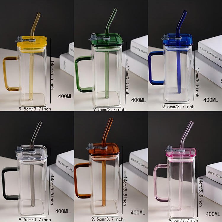 Transparent Square Tumbler Drinking Glass with Glass Straw and Colourful Handle - Home Story