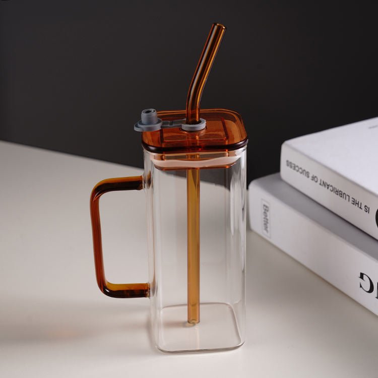 Transparent Square Tumbler Drinking Glass with Glass Straw and Colourful Handle - Home Story