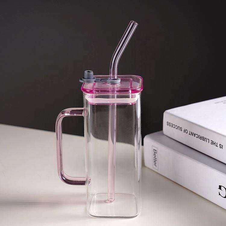 Transparent Square Tumbler Drinking Glass with Glass Straw and Colourful Handle - Home Story