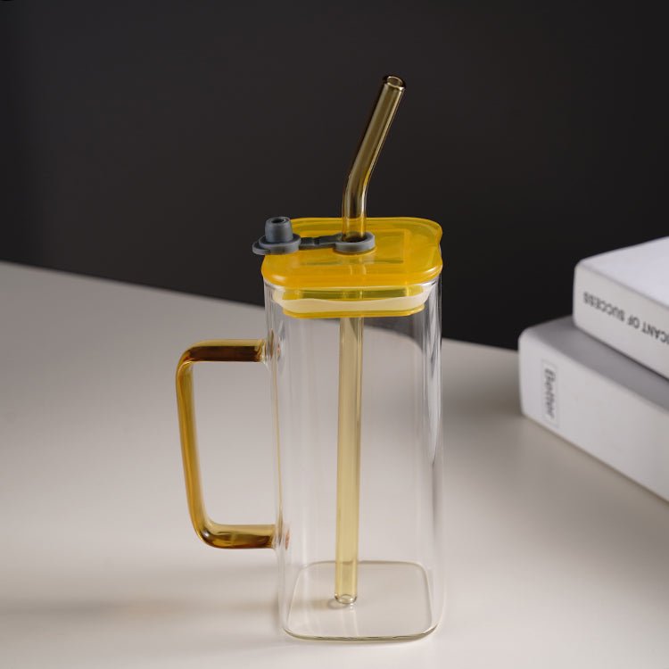 Transparent Square Tumbler Drinking Glass with Glass Straw and Colourful Handle - Home Story