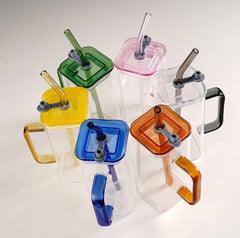 Transparent Square Tumbler Drinking Glass with Glass Straw and Colourful Handle - Home Story